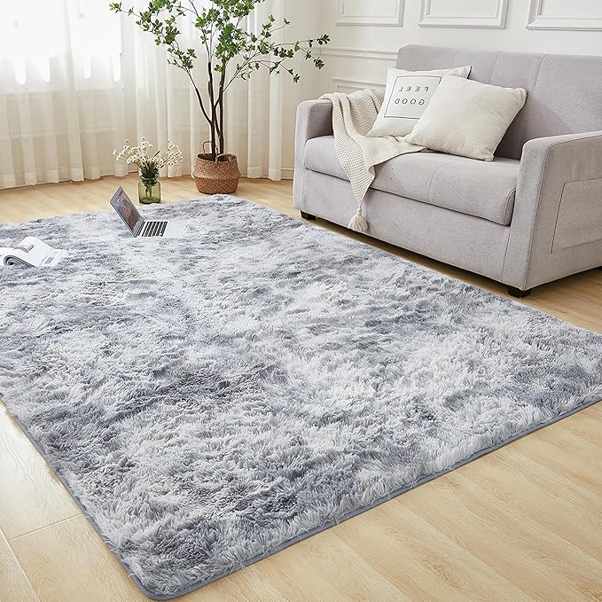 Andency 6x9 Area Rugs, Large Shag Fluffy Soft Shaggy Rugs for Living Room Bedroom, Non-Slip Tie-Dyed Light Grey Thick Plush Carpet for Kids Girls and Boys, Dorm Nursery Home Decor Aesthetic