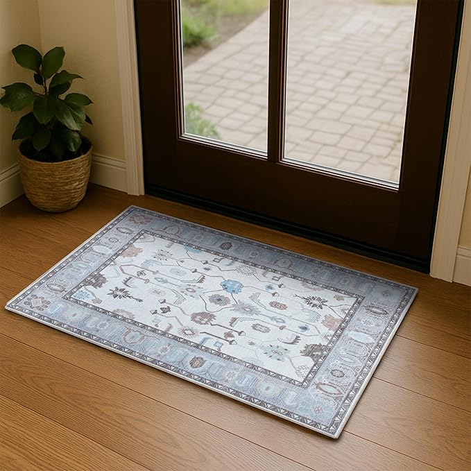 Fame Living Cream Grey Oushak Rug, Modern Small Rugs, Vintage, Turkish, Eclectic, Floral, Pastel, Washable, Door Mat, Doormat for Indoor Entrance, Entryway, Kitchen, Bathroom, Bedroom, Laundry, 2'x3'.