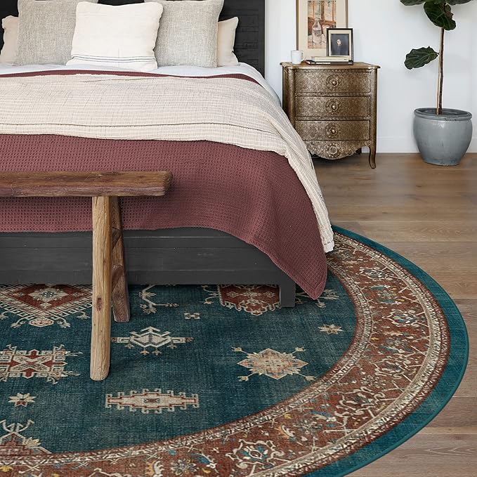 RUGGABLE Washable Vintage Area Rug – Verena Teal Blue 8 ft Round, Stain-Resistant, Non-Slip – Large Machine Washable Rugs for Living Room, Bedroom, Hallway, Entryway & Office–with Cushioned Pad