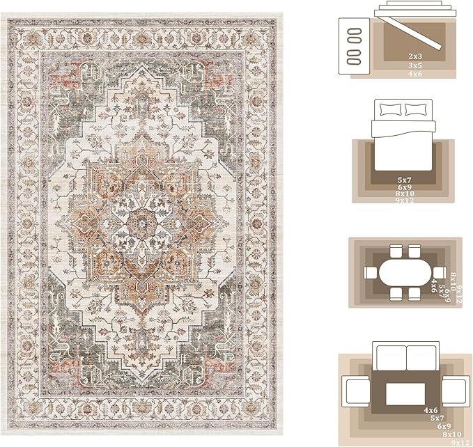 9x12 Large Area Rugs for Living Room Ultra-Soft Washable Rug Vintage Distressed Non-Slip Low Pile Stain Resistant Carpet for Bedroom Dining Room Kitchen Office