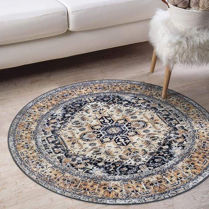 KOZYFLY Boho Round Rug 3 Ft Rugs for Entryway Washable Circle Rug Non Slip Doormat Gold Navy Printed Faux Wool Vintage Round Entryway Rug Floor Carpet Round for Entrance, Bedroom