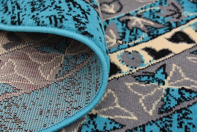 Unique Loom Taftan Collection Border Geometric Tribal Inspired Design Area Rug (8' 0 x 8' 0 Round, Turquoise/ Gray)