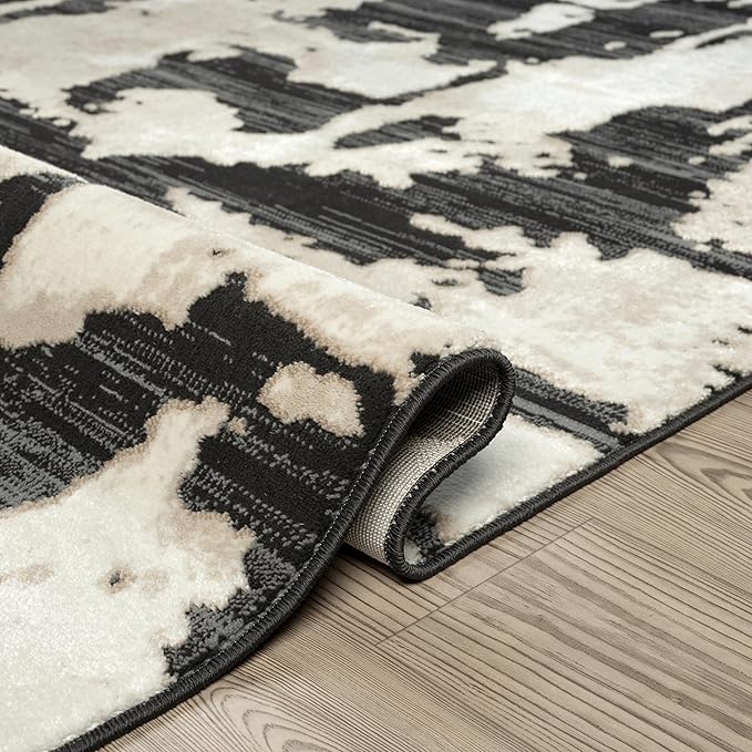 Abani Terra Cream Area Rug for Living Room, Bedroom - Black Abstract Pattern - 5' x 8' - Durable & Easy to Clean
