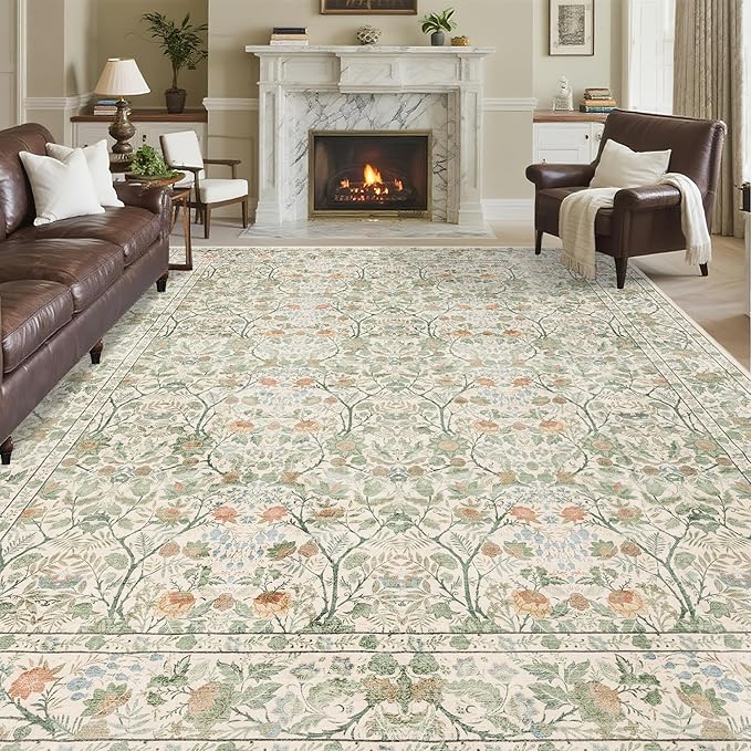 Washable Living Room Rug: 8x10 Boho Floral Soft Area Rug for Bedroom Decor - Vintage Low Pile Thin Carpet for Dining Room Non-Slip - Farmhouse Stain Resistant Rugs - Beige Green