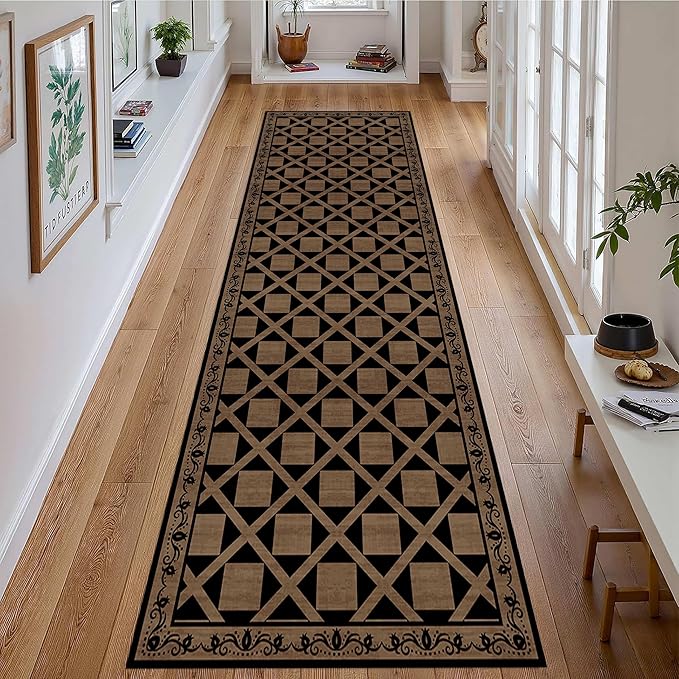 Minimalist Checkered Runner Rug, 1.3x7ft, Brown Checkerboard Floor Mat, Floral Print Hallway Kitchen Runners Rugs, Washable Breathable Reduce Noise Room Decor Carpet for Bedroom Foyer