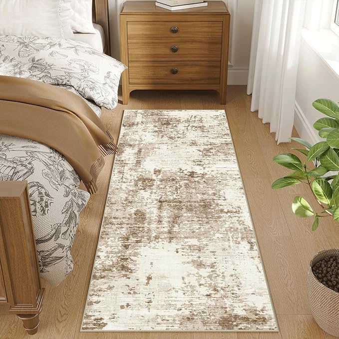 FMFUNCTEX 2x5 Runner Rug Washable Brown Beige Modern Abstract Neutral Non Slip Low Pile Entryway Hallway Soft Accent Indoor Carpet for Kitchen Bedroom Bathroom Laundry Entrance Bedside Living Room