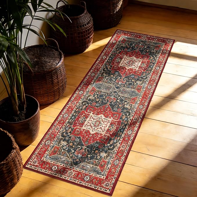 Enkor Runner Rugs for Hallway, 2x6 Washable Soft Boho Non Slip Floor Rugs for Kitchen, Modern Mat for Living Room Bedroom Entryway Red & Blue
