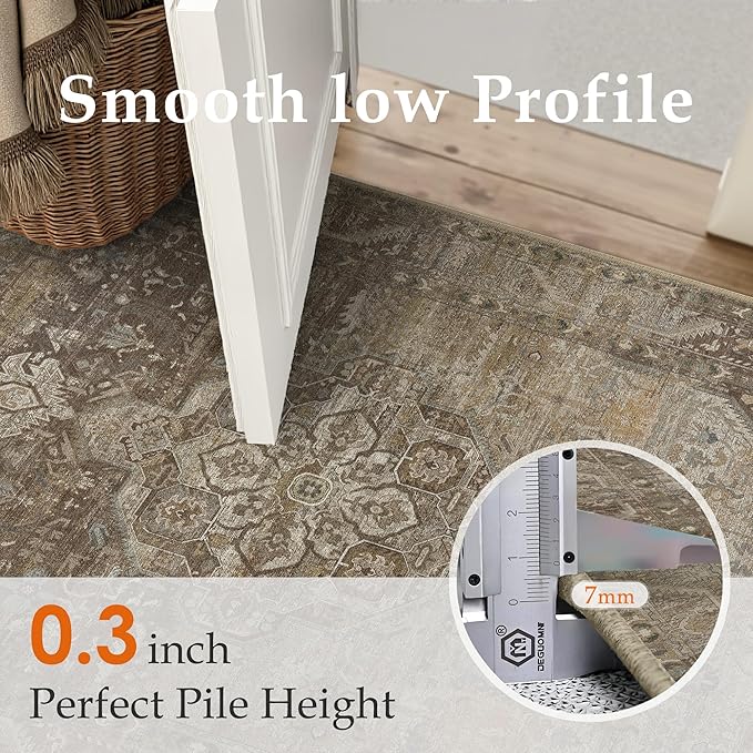 3x5 Brown Washable Vintage Area Rug for Living Room Bedroom Non Slip Distressed Traditional Soft Throw Rug Low Pile Lightweight Floral Carpet Entrance Laundry Room Kitchen