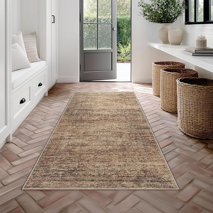 Fmfunctex 2x6 Hallway Runner Rug Rust Brown Vintage Neutral Washable Distressed Non Slip Low Pile Traditional Indoor Carpet Retro Entryway Rug for Kitchen Living Room Bedroom Bathroom Laundry Entrance