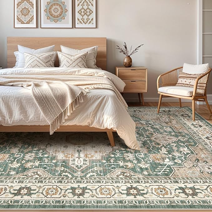 Green Rug Living Room Rugs: 7x10 Washable Boho Large Vintage Soft Stain Resistant Farmhouse Oriental Non Slip Indoor Floor Carpet for Bedroom Nursery Kids Playroom Office Dining Room Home Decor