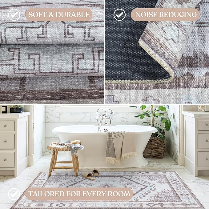 Fame Living Washable Area Rug. Modern Farmhouse. Vintage. Turkish. Bohemian. Distressed. Oriental. Traditional. Rugs for Living Room. Dining. Bedroom. Office. Entryway. Foyer. (856BrC, 9'5" x 14')