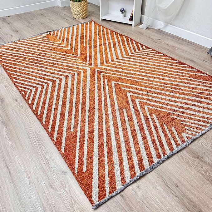 Alfa Rich 4x6 Geometric Burnt Orange Off White Washable Area Rugs for Living Room Bedroom Cotton Rug