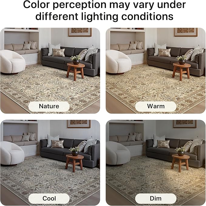 Bavni Washable Rugs 8x10-Machine Washable Rug Lightweight Low Pile, Vintage Floral Rug Non-Shedding Distressed Throw Carpet for Living Room Bedroom Office, Dark Espresso