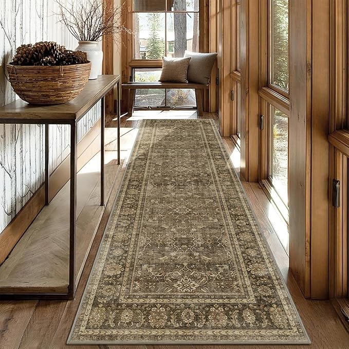 2x6 Runner Rug for Hallways Vintage Distressed Non Slip Long Carpet Floral Boho Distress Print Pattern Mat Lightweight Retro Accent Throw Carpet for Kitchen Bedroom Bedside Laundry Room-Brown ﻿