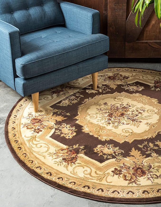 Unique Loom Versailles Collection Traditional Classic Floral Motif Area Rug (6' 0 x 6' 0 Round, Brown/ Ivory)