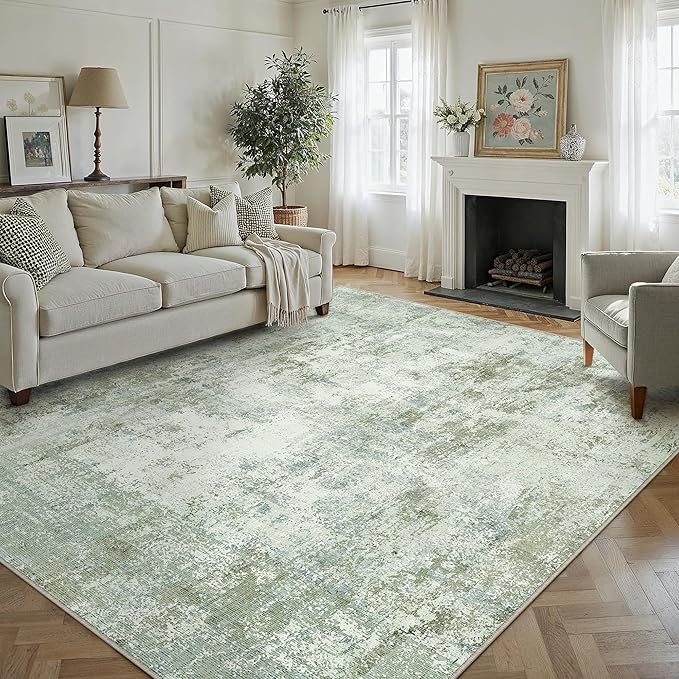 8x10 Washable Area Rug Sage Green Abstract Living Room Bedroom Carpet Neutral Modern Non-Slip Soft Low Pile Lightweight Vacuumable Large Throw Rug for Dining Room
