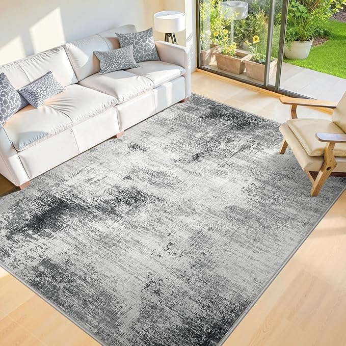 5x7 Washable Area Rugs - Modern Abstract Rugs for Living Room Non-Slip Low Pile Soft Machine Washable Carpet for Bedroom, Dining Room, Nursery, Home Office, Farmhouse (5'x7' Dark Grey)