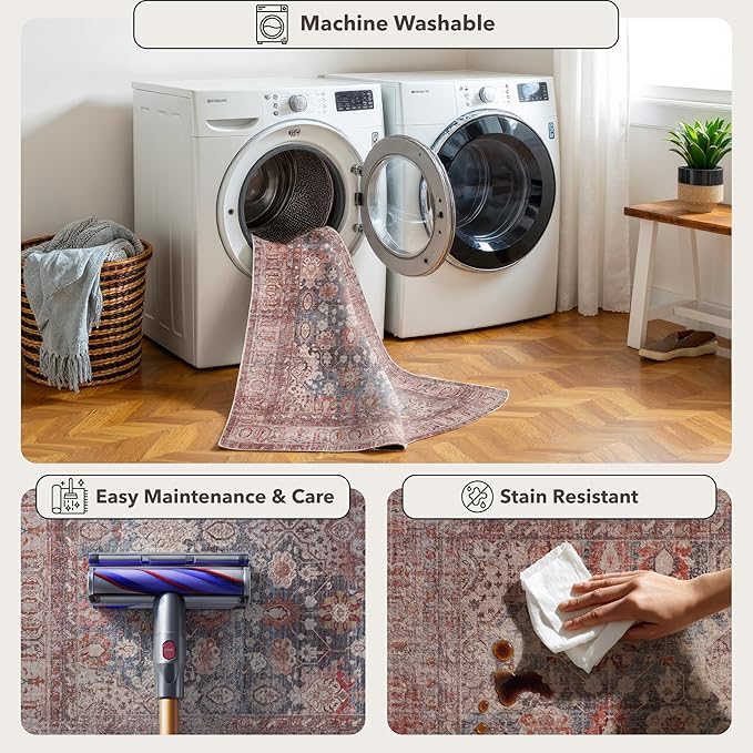 Kuden 9x12 Large Area Rug, Machine Washable Area Rug with Non-Slip Backing, Vintage Style, Soft, Easy Clean, Low Pile Rug for Living Room, Bedroom, Dining Room