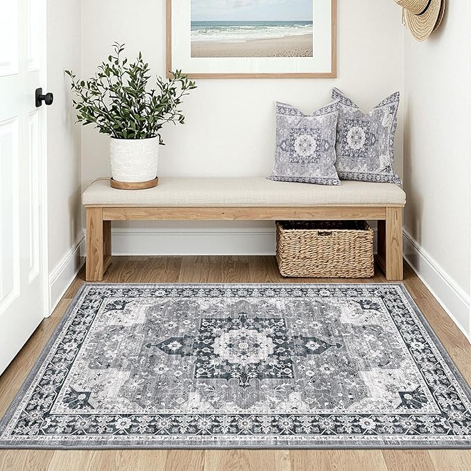 LUMI Indoor Thin Door Mat, 32x47 Washable Small Inside Doormat, Non Slip Low Pile Oriental Floor Carpet, Vintage Distressed Area Rug for Front Door,Entrance,Bedroom, Blue