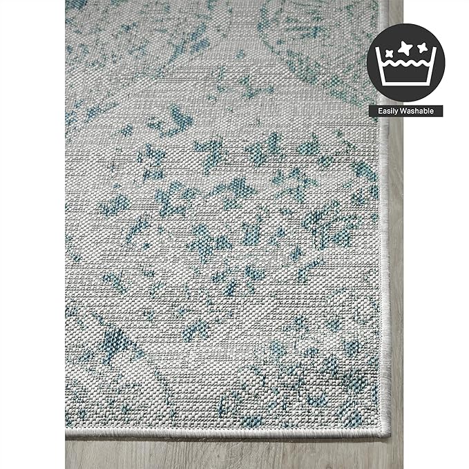 FH Home Outdoor Rug - Waterproof Easy to Clean Stain Resistant - Patio Indoor Outdoor Porch Deck Balcony Entryway - Distressed Farmhouse - Granada - Aqua - 6' x 9'