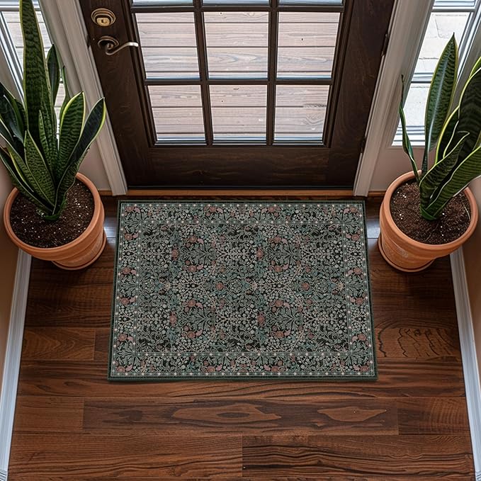 2x3 Area Rug Washable Entry Rug, Vintage Floral Thin Rug for Kitchen, Non-Slip Bathroom Small Rugs, Front Door Throw Rugs Indoor, Boho Entryway Decor (2x3 Dark Green)