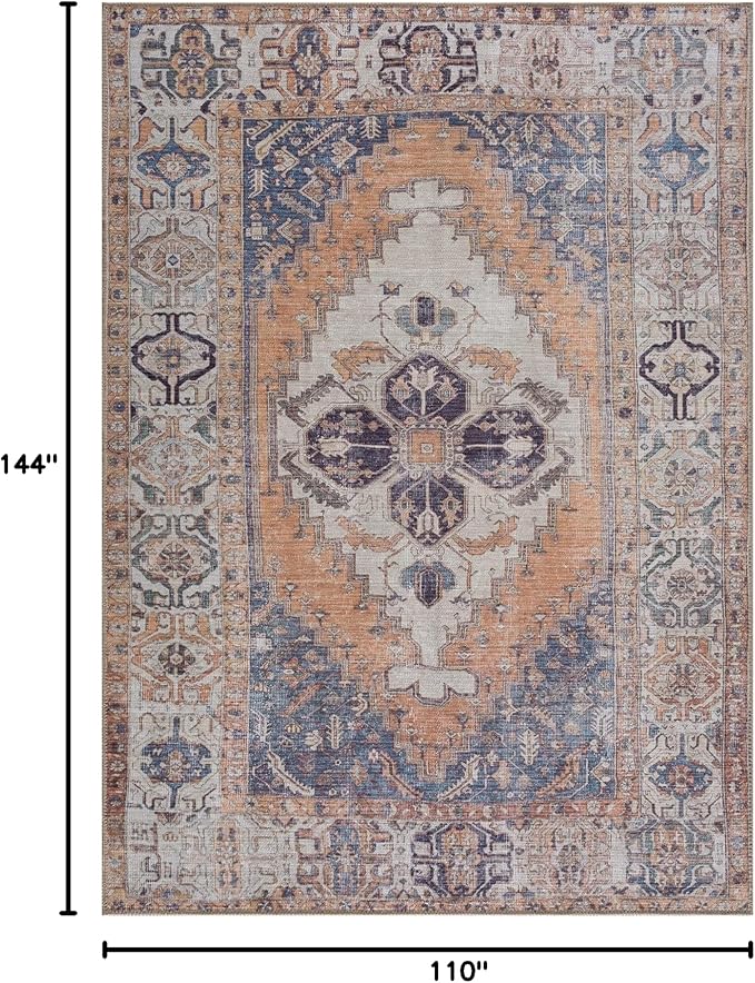 Bloom Rugs Washable 9' x 12' Rug - Orange/Blue/Beige Traditional Area Rug for Living Room, Bedroom, Dining Room, and Kitchen - Exact Size: 9' x 12'