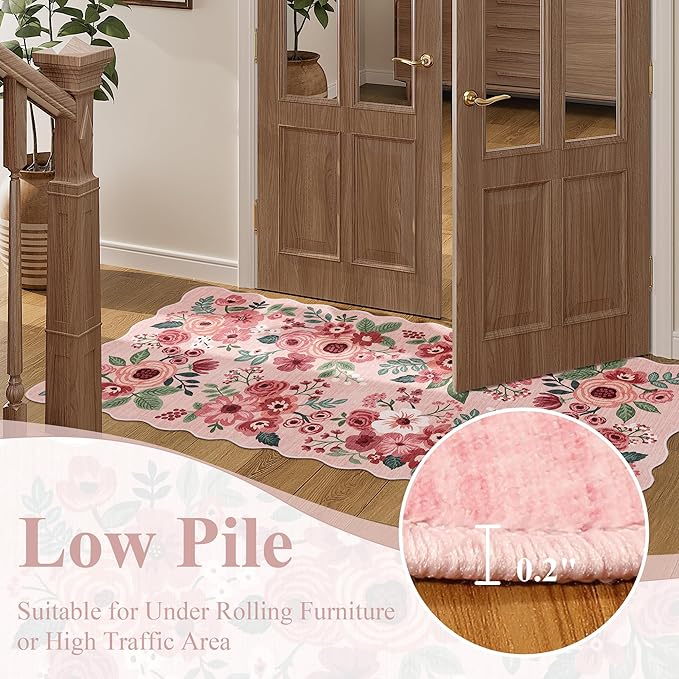 DUKINO 2x6 Runner Rug for Hallway, Washable Kitchen Rug with Non Slip Backing & Non-Shediing, Soft Low Pile Floral Design Runner for Bedroom, Kithchen, Living Room, Laundry, Bathroom, Pink