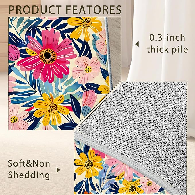 Pink Flowers Summer Area Rug for Living Room, Non-Slip Backing Low Pile Modern Abstract Rug for Indoor Use, 5x7 Washable Carpet