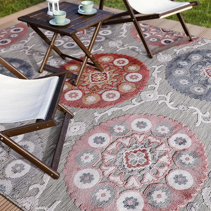 CAMILSON Indoor Outdoor Rug 8x10 Bohemian Medallion Floral Area Rugs for Indoor and Outdoor Patios Easy-Cleaning Non-Shedding Living Room Garden and Kitchen Washable Outside Carpet (8 x 10-Multicolor)