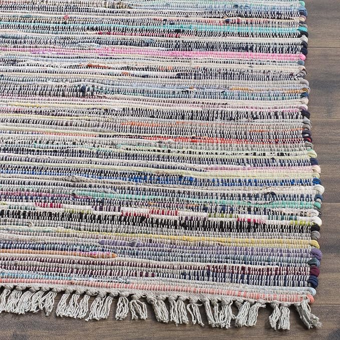 SAFAVIEH Rag Rug Collection Area Rug - 4' Square, Grey & Multi, Handmade Boho Stripe Cotton, Ideal for High Traffic Areas in Living Room, Bedroom (RAR121M)