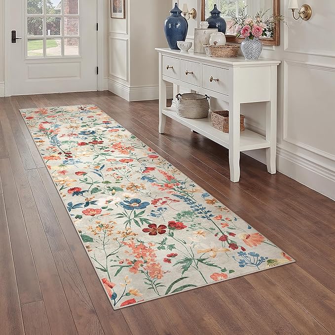 Floral Runner Rug 3x7 Washable Hallway Long Beige Bedroom Carpet Non Slip Indoor Boho Kitchen Low Pile Accent Rug Lightweight Soft for Bathroom Dining Laundry Living Room