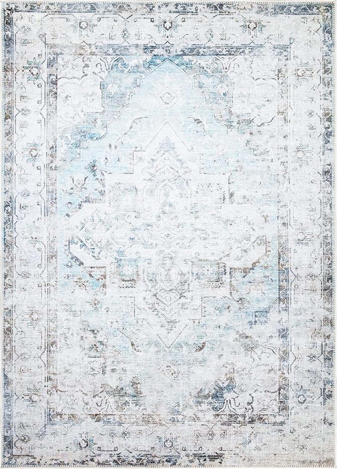 Bloom Rugs Washable Non-Slip 6' x 9' Rug - Beige/Blue Traditional Area Rug for Living Room, Bedroom, Dining Room, and Kitchen - Exact Size: 6' x 9'