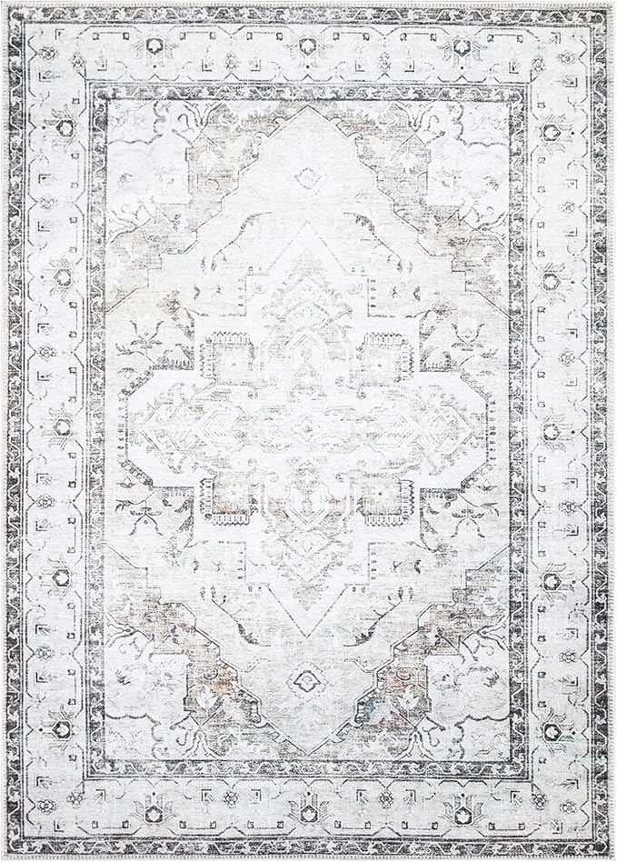 Bloom Rugs Washable Non-Slip 3' x 5' Rug - Brown/Beige/Charcoal Traditional Area Rug for Living Room, Bedroom, Dining Room, and Kitchen - Exact Size: 3' x 5'