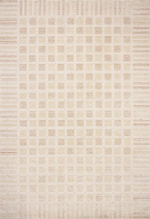 Loloi Chris Loves Julia Calvin Collection CLV-03 Bone/Natural 7'-10" x 10' Area Rug Checkered Neutral Soft Living Room Bedroom Carpet