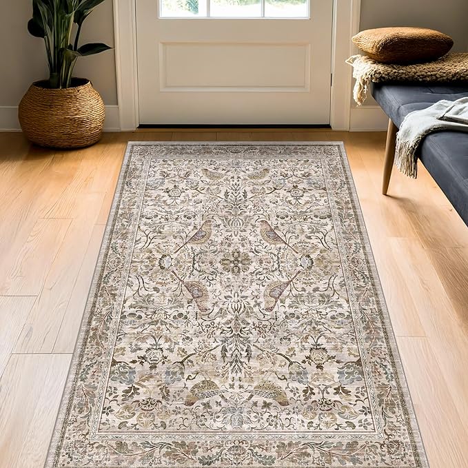 Washable 3x5 Moss Large Entryway Rugs - Low Pile Soft Boho Area Rug for Bedroom Beside Bed, Laundry, Non Slip Floral Kitchen Mat for Floor, Vintage Botanical Design Stain Resistant Carpet