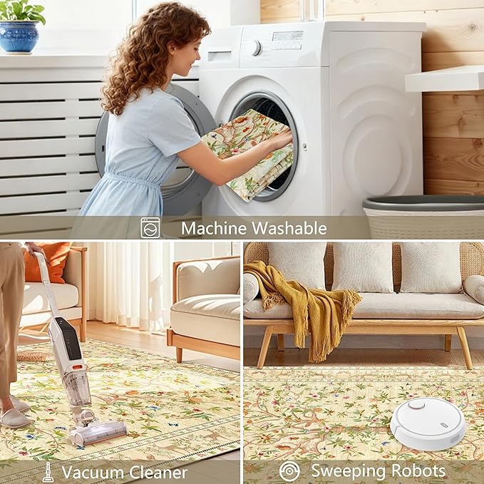 5x7 Area Rugs for Living Room, Machine Washable Non-Slip Carpet, Boho Floral Low Pile Throw Rugs for Bedroom, Dining Room, Office, Nursery, Vintage Home Decor（Beige）
