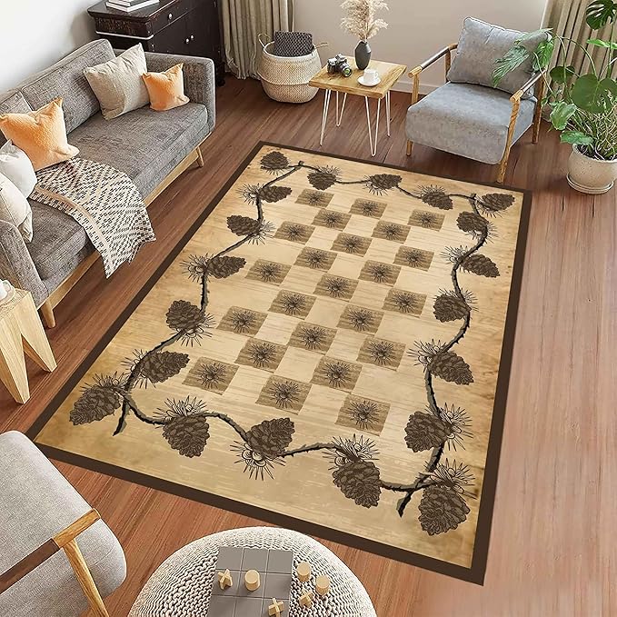 Vintage Plaid Area Rug 5x6ft Rustic Cabin Pine Cone Branches Lattice Pattern Rug Country Lodge Nature Plants Rugs, Soft Floor Rug Non-Skid Carpets for Living Room Farmhouse Indoor Floor Mat