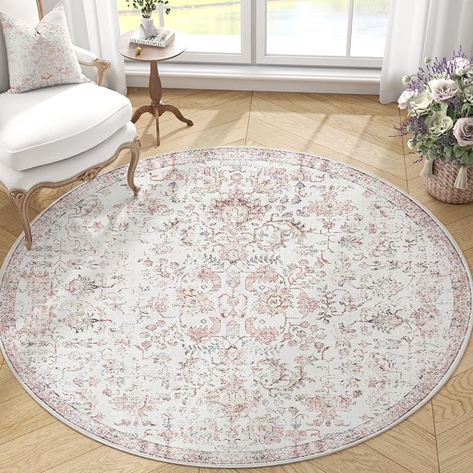 jinchan Kalen Round Rug 4ft Area Rug Washable Vintage Indoor Retro Accent Entryway Floor Cover Distressed Floral 4' Round Circle Boho Non Slip Thin Carpet for Bedroom Living Room Dining Room Red