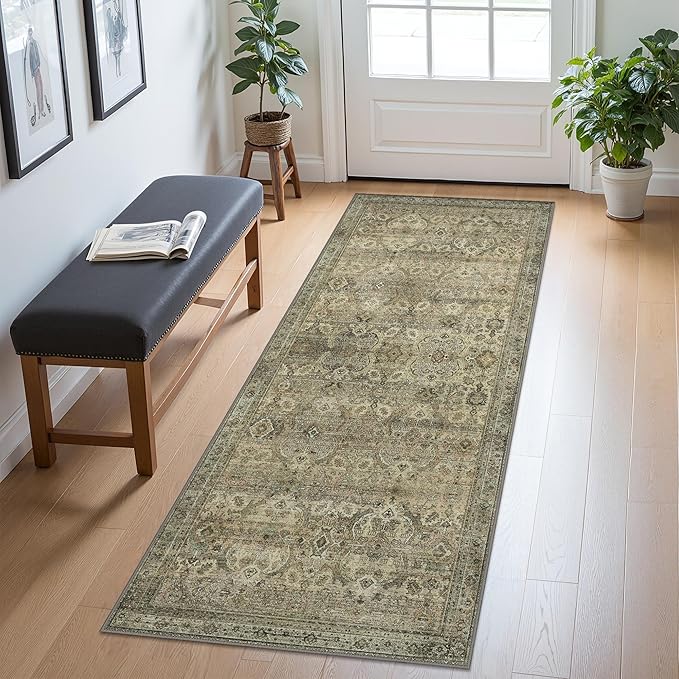 2x8 Runners Machine Washable Boho Rug for Hallway,Ultra-Thin Low Pile Rug,Lightweight Carpet,Non Slip Floral Runners for Enrtyway, Corridor, Home Office, Kitchen,Sage