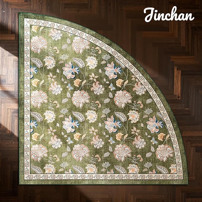 jinchan Elora Floral Corner Rug for Living Room Washable Bedroom Rug Vintage Romance Design Non Slip Quarter Circle Lightweight Low-Pile Throw Carpet for Reading Nook Playroom,6ft Radius, Green