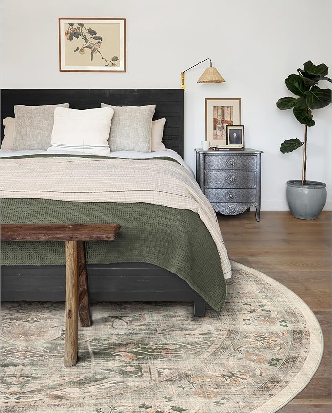 RUGGABLE Washable Vintage Area Rug – Sarrah Sage 8 ft Round, Stain-Resistant, Non-Slip – Large Machine Washable Rugs for Living Room, Bedroom, Hallway, Entryway & Office–with Cushioned Pad