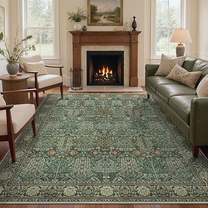 Bavni Washable Rugs 8x10-Machine Washable Rug Lightweight Low Pile, Vintage Floral Rug Non-Shedding Distressed Throw Carpet for Living Room Bedroom Office, Forest Green