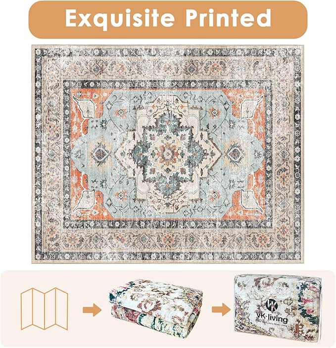 VK VK·LIVING Machine Washable Rug 6'x9' Vintage Design Washable Area Rugs with Non Slip Rugs for Living Room Bedroom Traditional Woven Carpet Stain Resistant, Dining Office Boho Rug (Brick)