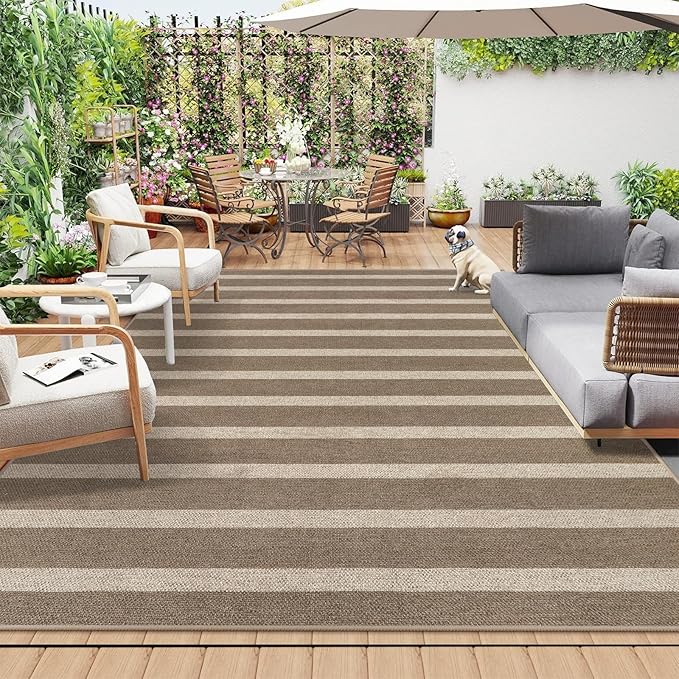 Lahome Striped Easy Jute Rug, 5x7 Dining Room Office Rug Washable Outdoor Patio Rug, Farmhouse Neutral Non Slip Stain Resistance Indoor Outdoor Carpet for Deck Classroom, Khaki