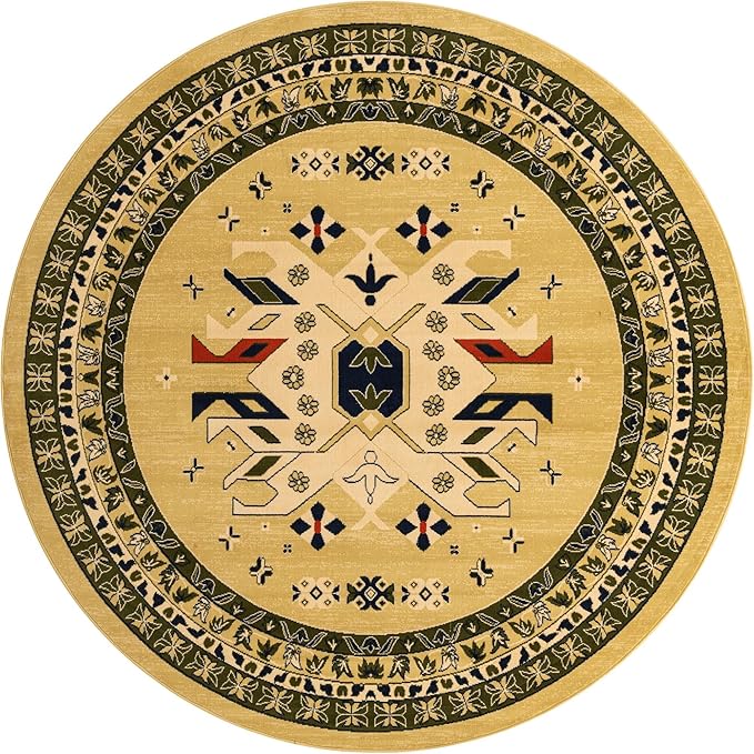 Unique Loom Taftan Collection Border Geometric Tribal Inspired Design Area Rug (8' 0 x 8' 0 Round, Gold/ Gray)