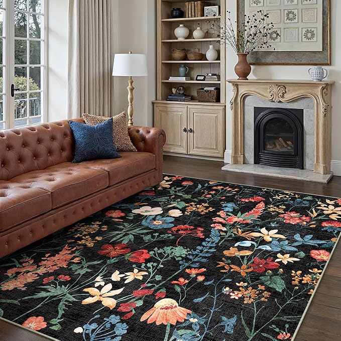 Black Area Rug 8x10 Floral Washable Living Room Kitchen Boho Carpet Non Slip Low Pile Indoor Accent Lightweight Soft Throw Rug for Bedroom Office Dining Room Nursery Farmhouse