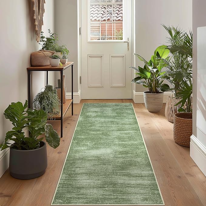 Olive Green Rug Runners for Hallways Non Slip Washable Neutral Abstract Minimalist Low Pile Floor Protector Carpet Hunter Green 3x8 Runner Rug for Laundry Room Kitchen