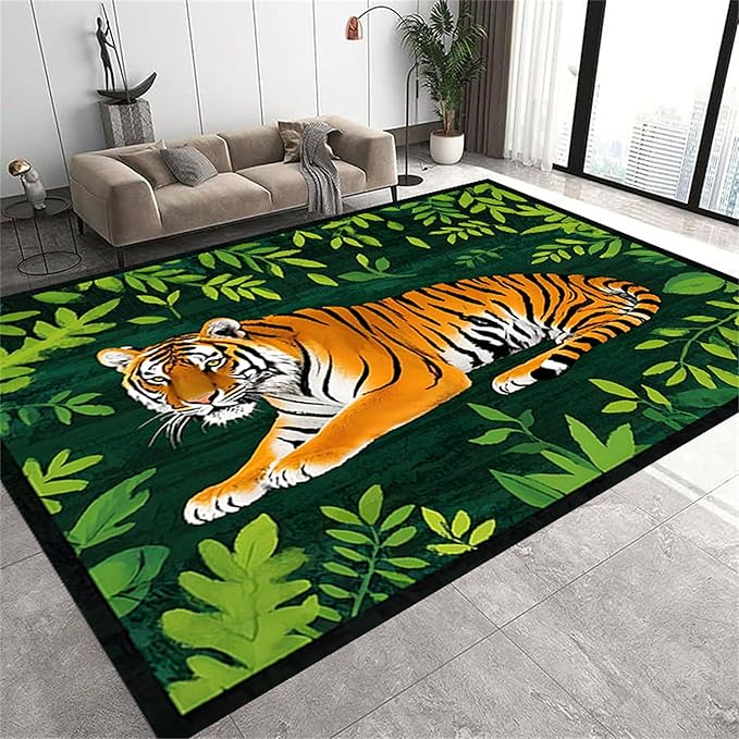 Tiger Rugs，4x6ft,Tiger and Green Leaf Print Rug for Living Room，A Colorful and Artistic Tiger Rug, Perfect for A Children's Play Area，Machine Washable Non-Slip Carpet Suitable for Bedroom and Study