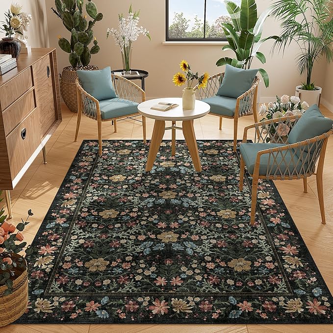DUKINO 4x6 Rugs for Living Room, Lightweight Non Slip Washable Rug with Low Pile Design, Vintage Floral Non-Shedding Soft Carpet for Living Room, Bedroom, Farmhouse, Office, Bathroom, Black
