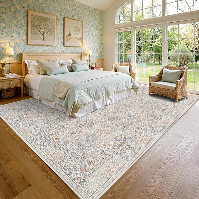 9x12 Floral Washable Area Rugs for Living Room, Vintage Boho Large Rug for Bedroom Dining Room， Distressed Botanical Birds Non Slip Low Pile Forest Animal Throw Carpet for Farmhouse Office, Beige Blue